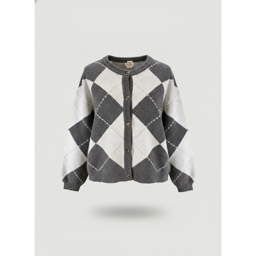 Song of Style Aimee Song Grey White Argyle Button Front Cardigan ST23638 XS NEW